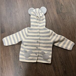 Gap Disney Striped Mickey Mouse Ears Hooded Sweater Knit Cardigan Sz 18-24 Month